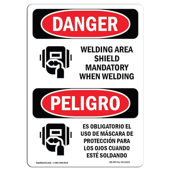 OSHA, Welding Eye Shield When Welding Bilingual, 18in X 12in Rigid Plastic, 12" W, 18" H, Spanish